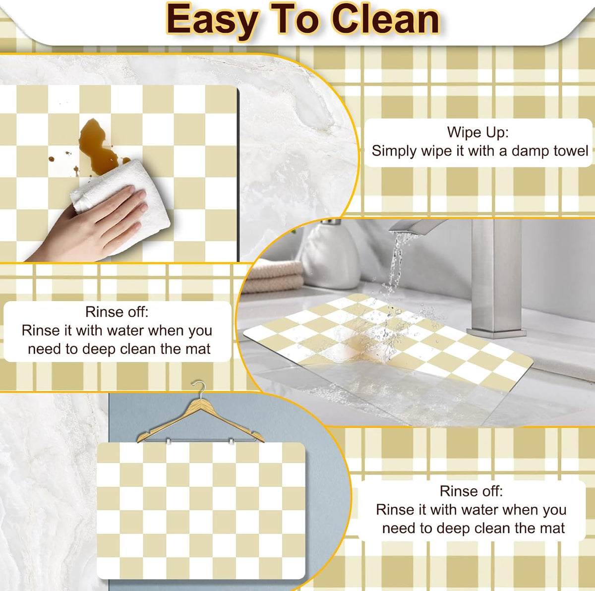 Checkered Dish Drying Mat for Kitchen, 16'' x 24'' Coffee Bar Mat for