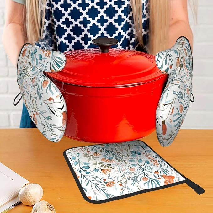 Teal Orange Watercolor Floral Oven Mitts and Pot Holders Sets of 3, Heat - Image 3