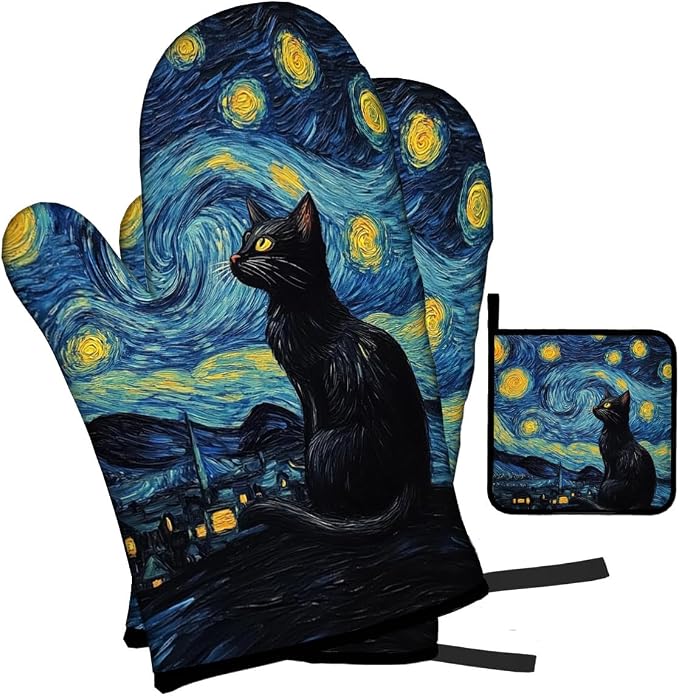 LOKMU Oven Mitts and Pot Holders Set of 3, Starry Night and Black Cat Heat - Image 2