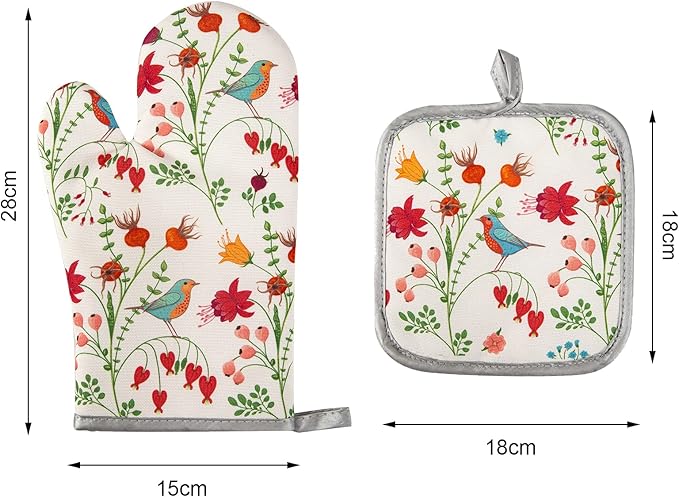 Kitchen Oven Mitts and Pot Holders Sets, Flower Bird Print Oven Gloves and - Image 2