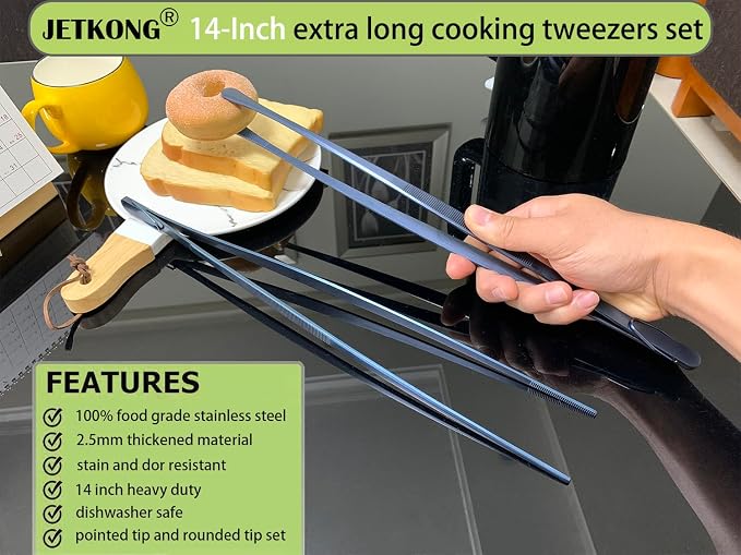JETKONG 2 Pcs 14-Inch Cooking Tweezer Tongs Extra- Long Stainless Steel Kitchen - Image 3