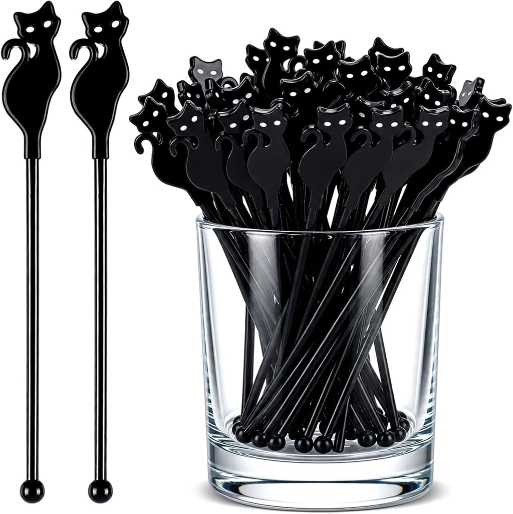 Silifine 100 Pcs Halloween Swizzle Sticks Plastic Black Cat Drink