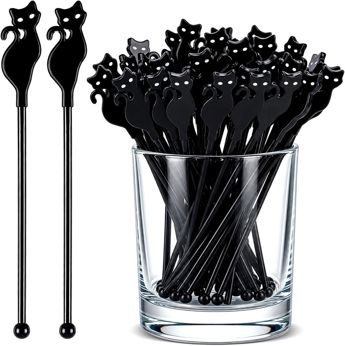 Silifine 100 Pcs Halloween Swizzle Sticks Plastic Black Cat Drink