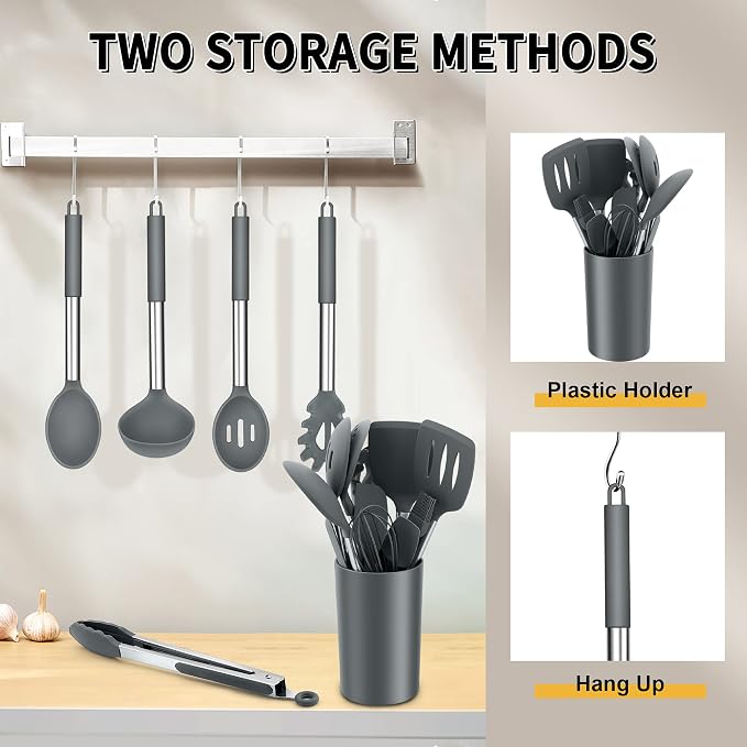 Silicone Cooking Utensils Set, E-far 14-Piece Gray Kitchen Utensils Set - Image 6