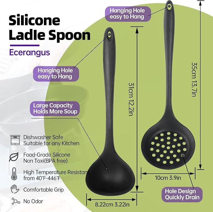 Silicone Soup Ladle Spoon Set of 2, Silicone Nonstick Large Skimmer Slotted - Image 2