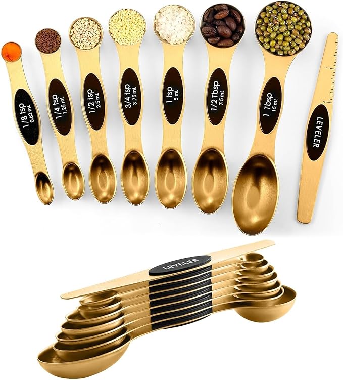 ChefAide Pack of 8 Stainless Steel Magnetic Measuring Spoons Set, Dual Sided by ChefAide