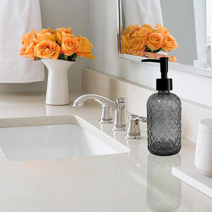 Grey Glass Soap Dispenser with Black Plastic Pump, 13.5oz Refillable Liquid - Image 4