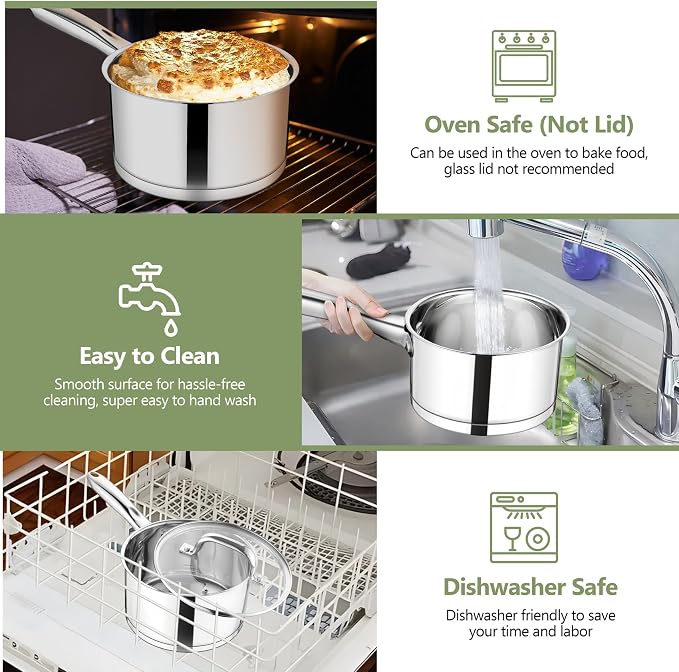TeamFar 2 qt Saucepan with Lid, Stainless Steel Small Sauce Milk Pan with - Image 6