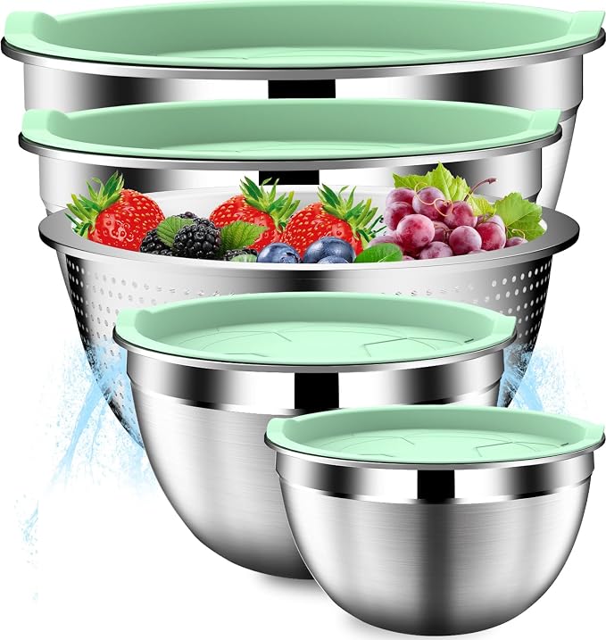 DUTZUN Mixing Bowls with Lids Set, Stainless Steel Mixing Bowl Set with Colander by DUTZUN