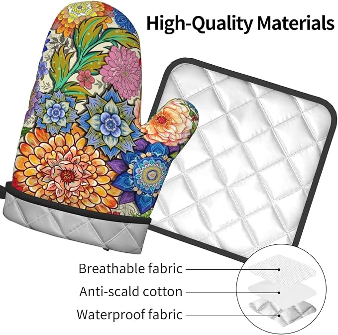 Boho Floral Oven Mitts and Pot Holders Sets of 3, Colorful Flowers Heat - Image 9