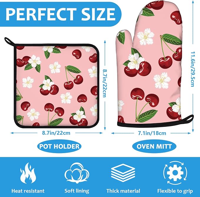 Cherry Oven Mitts and Pot Holders Sets Heat Resistant 4Pcs White Flower - Image 2