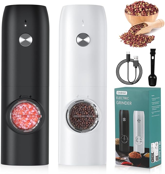 Electric Salt and Pepper Grinder Set, USB Rechargeable One Hand Operation by DABIGE