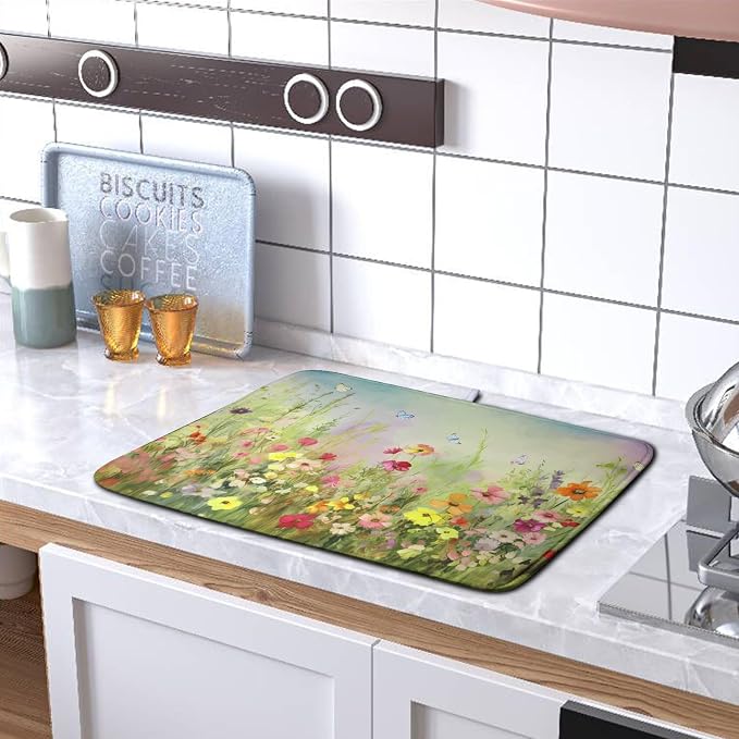 Spring Floral Dish Drying Mat for Kitchen Counter 16x18 Inch Sage Green Wild - Image 5