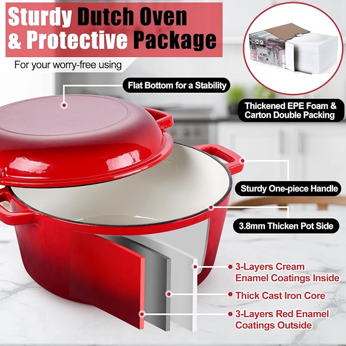 P&P CHEF 5Qt Dutch Oven Pot for Bread Baking, 2 In 1 Round Cast Iron Dutch Oven - Image 4