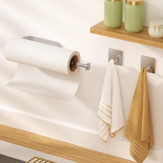 Paper Towel Holder Under Cabinet + Towel Robe Hooks, Single Hand Operable Under - Image 4