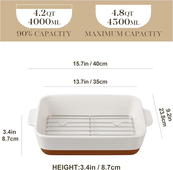 MALACASA Baking Dish with Rack, 4.8 Qt Ceramic Roasting Pan with Stainless - Image 2
