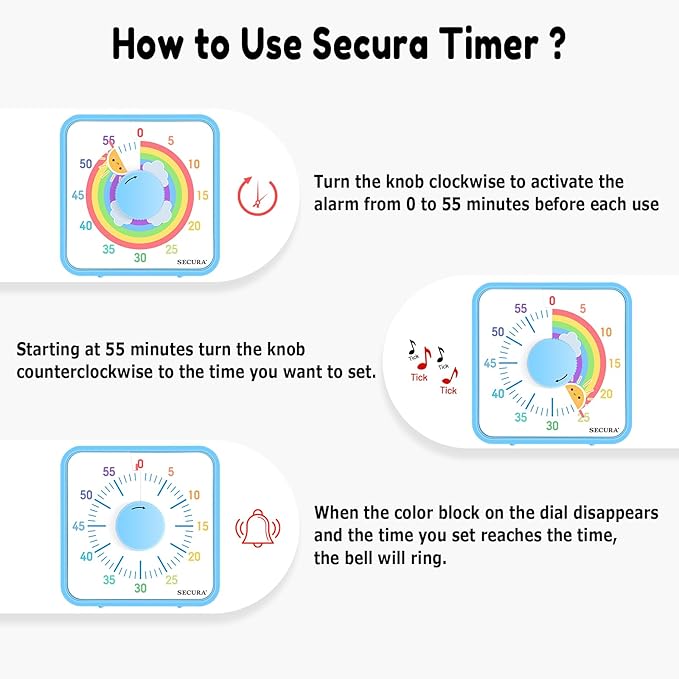 Secura 60-Minute Visual Timer, 7.5 Inch Magnetic Rainbow Countdown Timer - Image 3