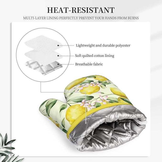 Lemon Silicone Oven Mitts Pan Mats Set of 2, Heat Resistant Gloves Potholder - Image 4