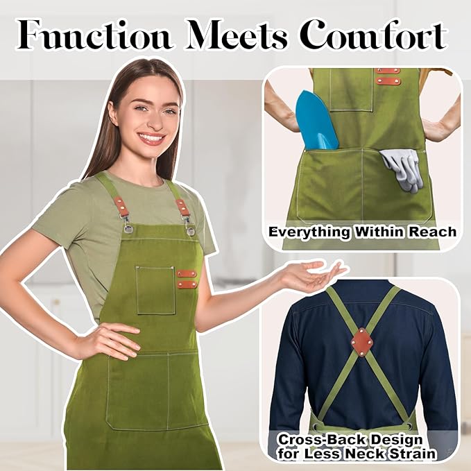 Plus Size Kitchen Apron for Men Women, Cross Back Cotton Canvas Chef Apron - Image 3