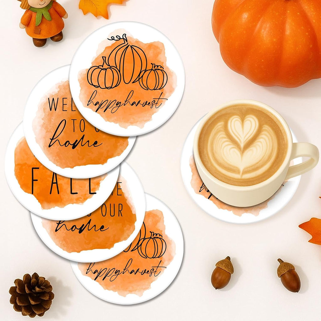Fall Coasters for Drinks, Set of 6, Ceramic Stone, Autumn Pumpkin