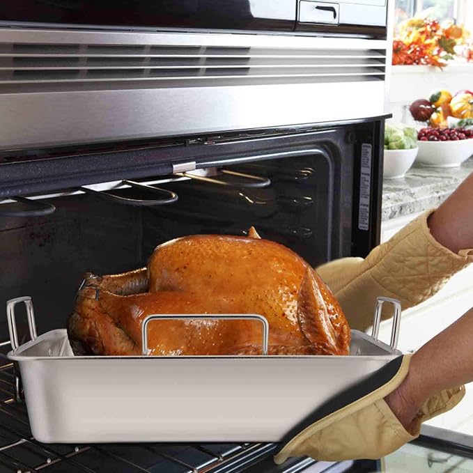 TeamFar Stainless Steel Roasting Pan, 16 Inch Large Turkey Roaster Lasagna Pan - Image 4