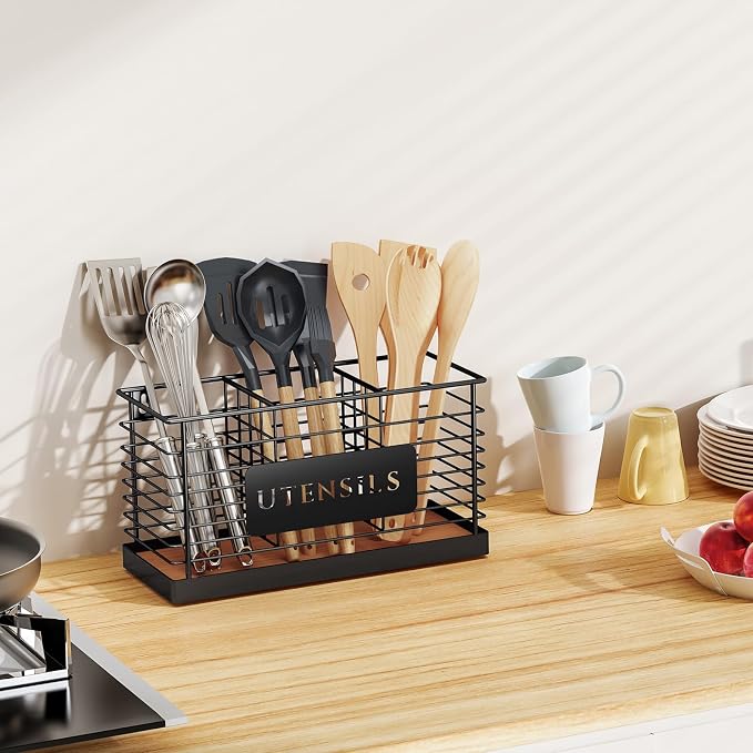THYGIFTREE Utensil Holder for Kitchen Counter Large Black Metal Cooking Utensil - Image 6