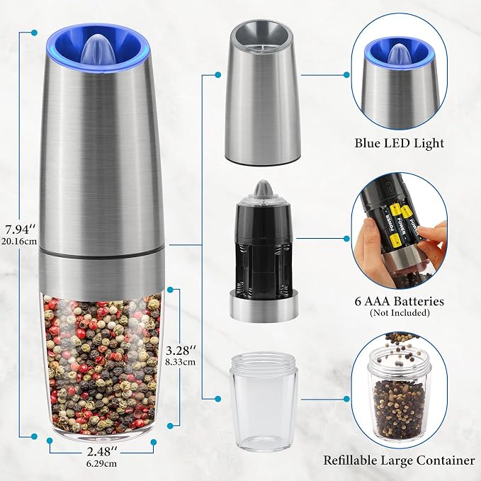 Gravity Electric Salt and Pepper Grinder Set, Battery Powered LED Light One - Image 2