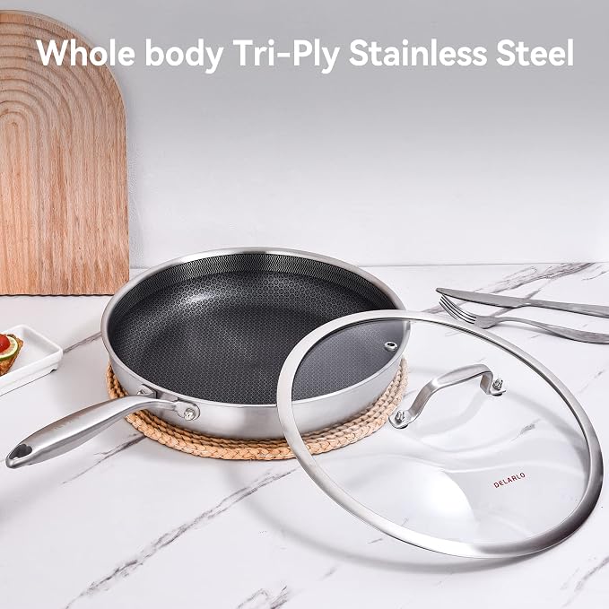 DELARLO Tri-Ply Stainless Steel Pan, 18/10 Frying Pan, Oven Safe Up to 600°F - Image 6