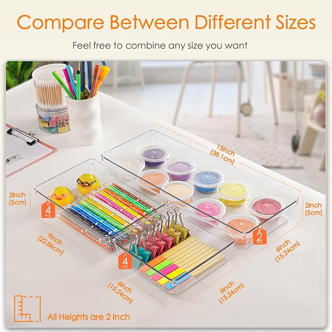 Criusia Drawer Organizer, 10 Pack Large Clear Plastic Set, 3 Size Versatile - Image 3