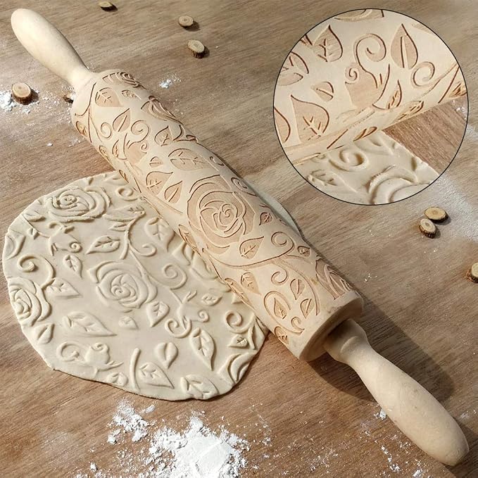 Wooden Rolling Pin, Rose Flower Embossed Engraved Carved Rolling Pin, - Image 4