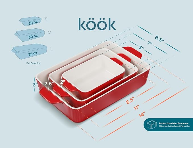 Kook Ceramic Bakeware Set, Rectangular Baking Dishes, - Image 6