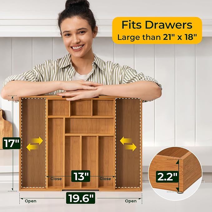 keechee Carbonized Bamboo Kitchen Drawer Organizer, 10 Slots Expandable - Image 5