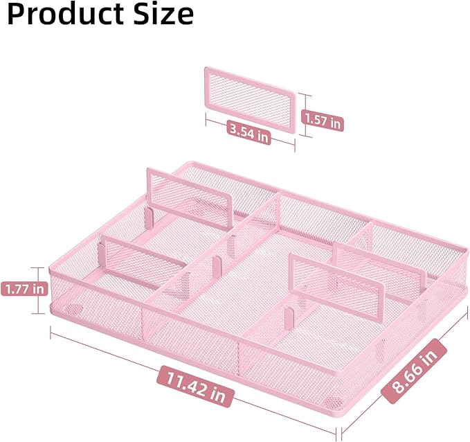 Marbrasse 2P Pink Desk Drawer Organizer, Metal Mesh Drawer Organizer Tray - Image 2