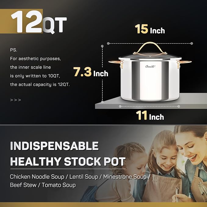 Ciwete Stock Pot 12 Quart, 18/10 Tri-Ply Stainless Steel Whole Clad Stock Pot - Image 4