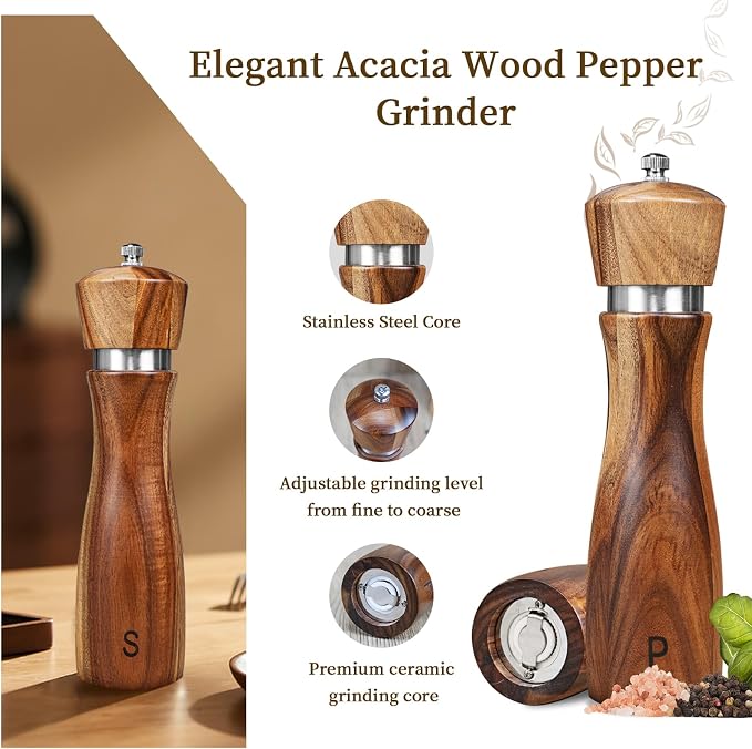 2 Pack Acacia Wood Salt and Pepper Grinder Set, Wooden Salt and Pepper Mill Set - Image 4