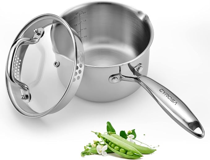 Stainless Steel Saucepan with Glass Lid, 2.0 Quart Multipurpose Sauce Pan by Cyrosa