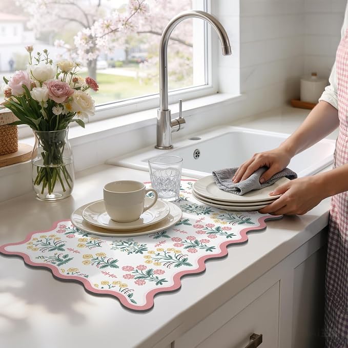 LOKHOM Scalloped Floral Dish Drying Mat, Cuttable Hide Stain Non-slip Drying Mat - Image 8
