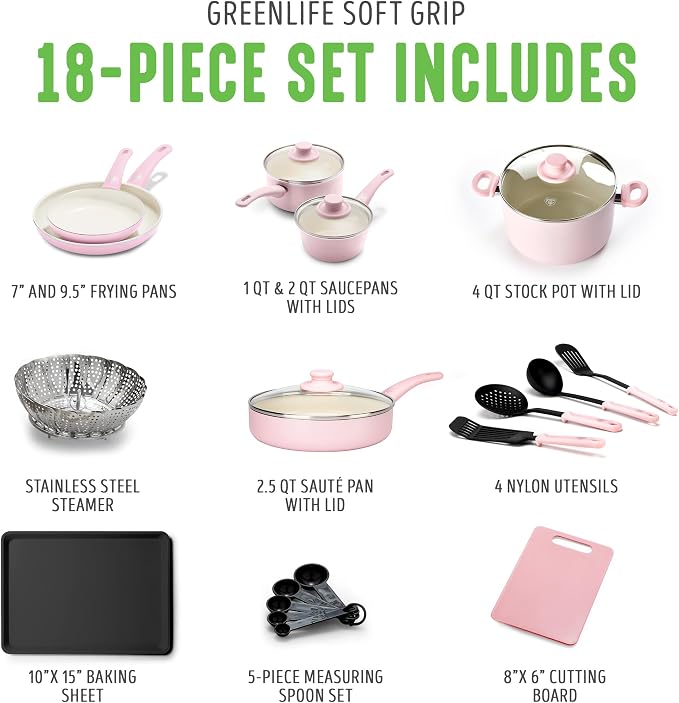 GreenLife Soft Grip Healthy Ceramic Nonstick 18 Piece Kitchen Cookware Pots and - Image 3