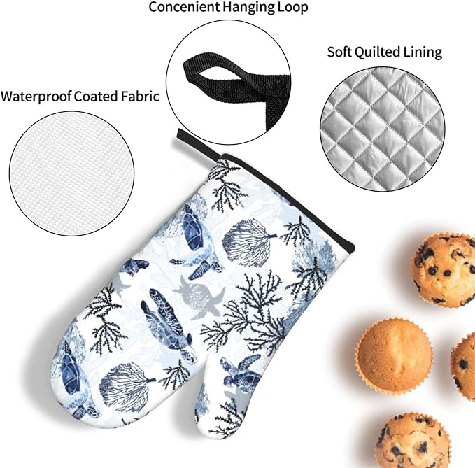 Navy Blue Ocean Sea Turtle Oven Mitts and Pot Holders Sets of 3, Heat Resistant - Image 6