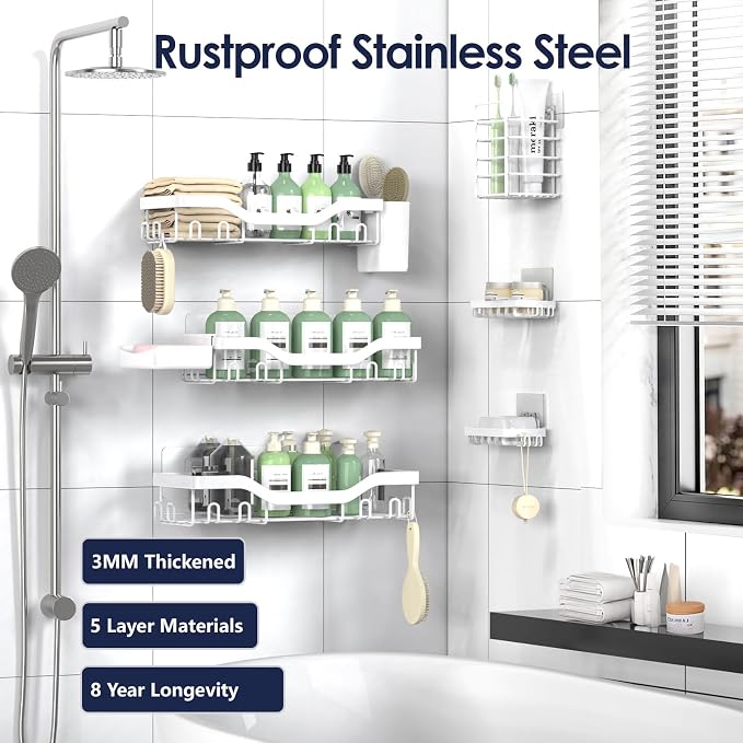 NESOMI Shower Caddy Adhesive Shower Organizer 8-Pack, Rustproof Stainless Steel - Image 5