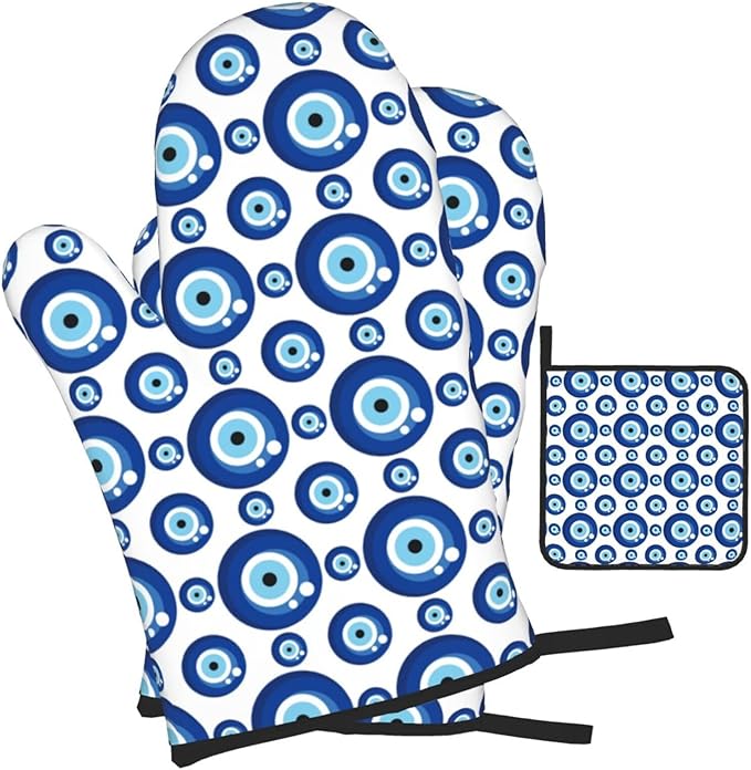 Blue Evil Eyes Oven Mitts and Pot Holders Sets of 3 Funny Hot Pads Heat - Image 2
