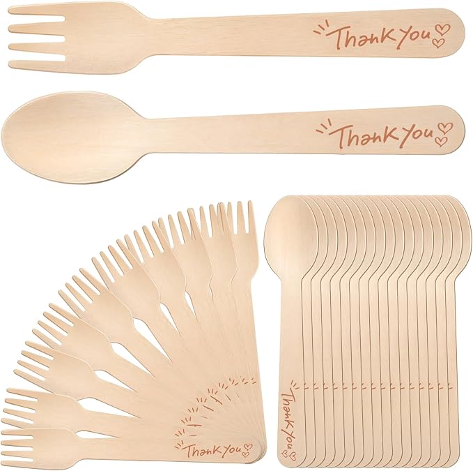 LemonRoad 200 Pcs Thank You Disposable Wooden Cutlery Set Bamboo Utensils 100 by Unknown