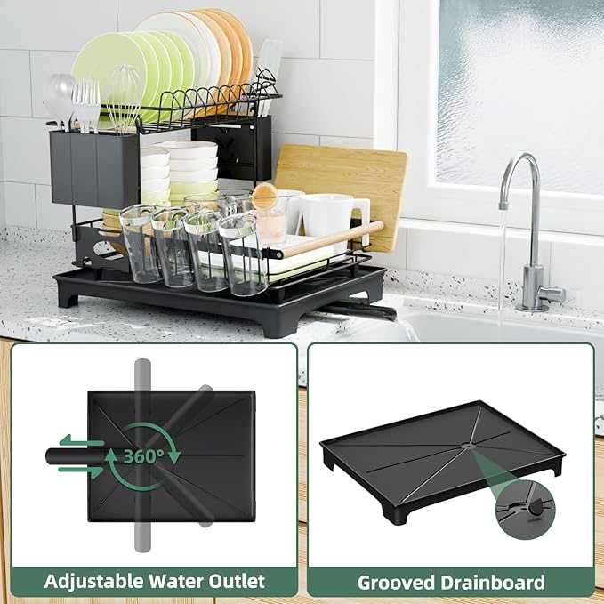 2-Tier Dish Rack with Drainboard: Large Capacity Anti-Rust Kitchen Counter - Image 2
