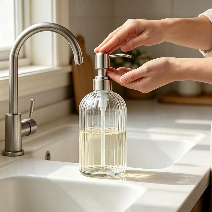 Glass Hand Soap Dispenser Silver Pump Refillable Dish Shampoo Lotion Bottle - Image 3