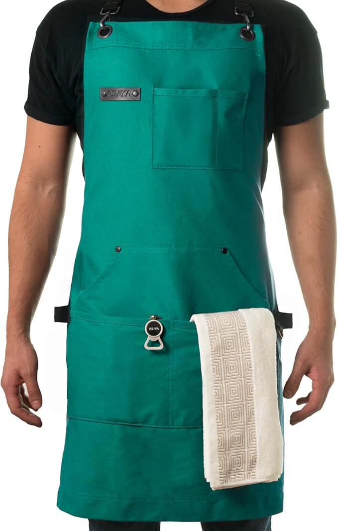 Asaya Chef and BBQ Apron with Bottle Opener and Hand Towel - 10oz Cotton Canvas by AsayaChefProducts