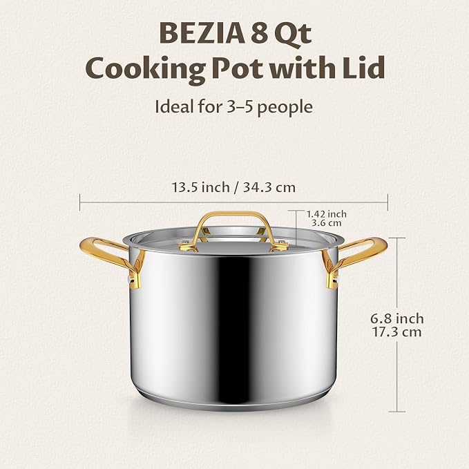 BEZIA 8 Quart Stainless Steel Stock Pot, 0-Coating Safe Cooking Pot - Image 7
