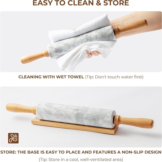Marble Rolling Pin with Non-Stick Silicone Mat & Wood Base, 16.9-Inch Heavy - Image 6