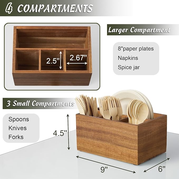 DRASTAR Utensil Caddy, Acacia Wood Silverware Holder, Cutlery Storage Containers - Image 3