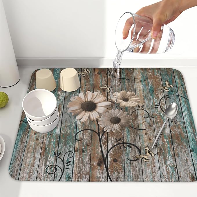 Dish Drying Mat for Kitchen Counter 16 x 18 Inch Rustic Vintage Daisy Floral - Image 6