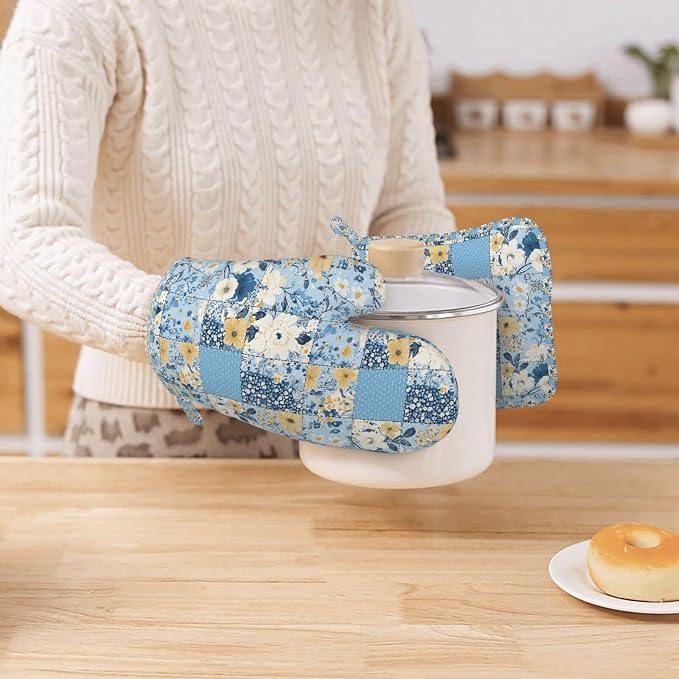 Oven Mitts and Pot Holders Floral Blue Pastel Vintage Silicone Kitchen - Image 7